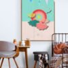 Red and green sun wall art in vintage teen room with wood desk and metal frame bed