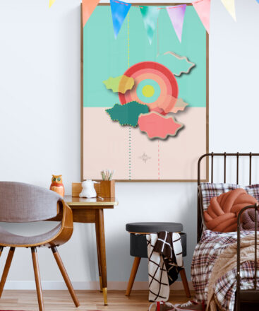 Red and green sun wall art in vintage teen room with wood desk and metal frame bed