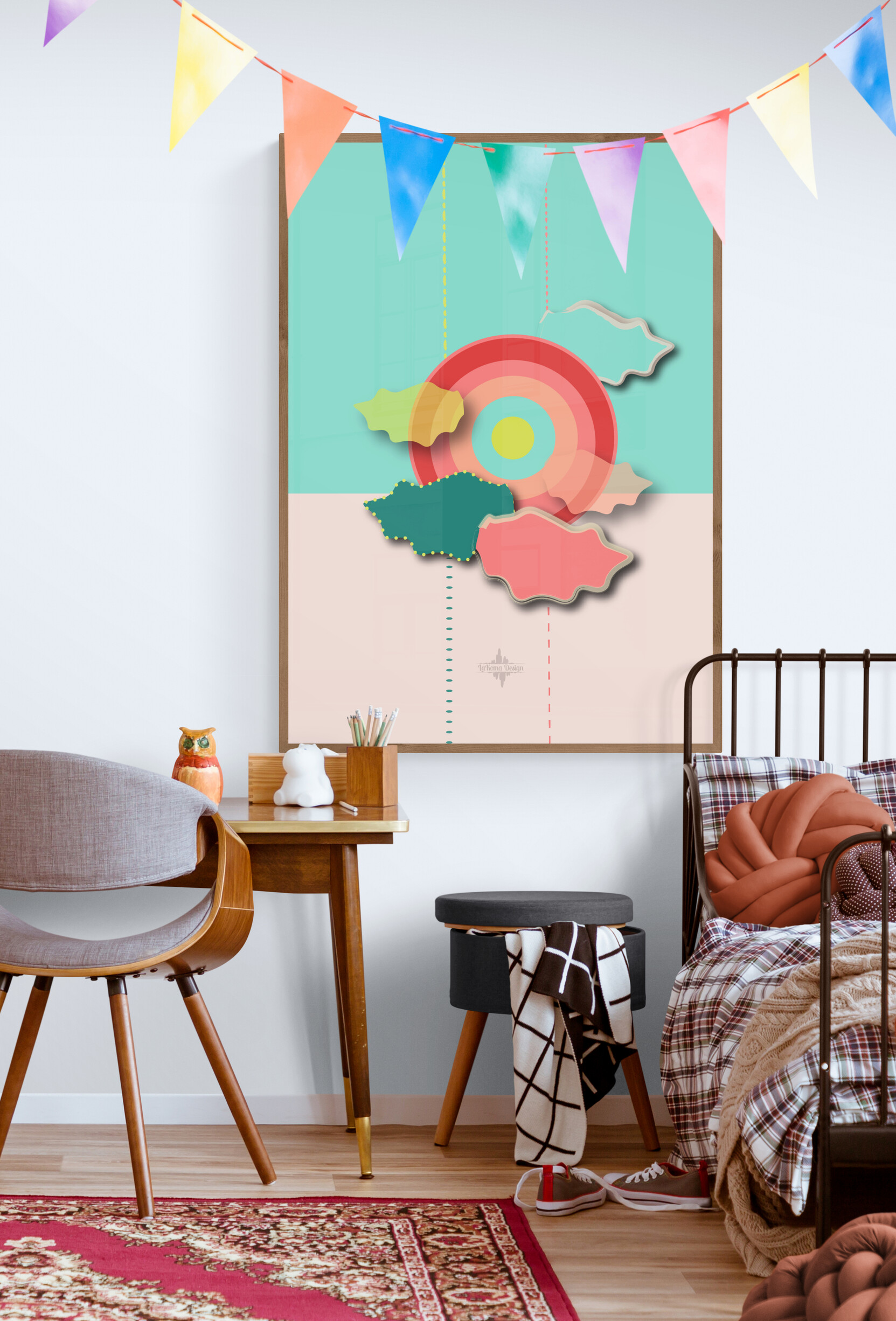 Red and green sun wall art in vintage teen room with wood desk and metal frame bed