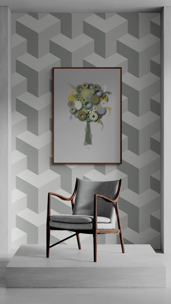 green round tree framed wall art against grey geometrical wallpaper and retro armchair