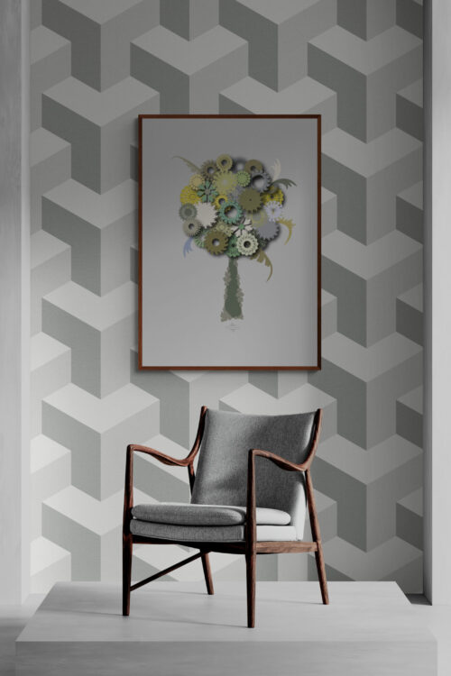 green round tree framed wall art against grey geometrical wallpaper and retro armchair