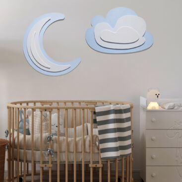 Blue Cloud Wall decor for kids room in a nursery above the vintage wood bed cot