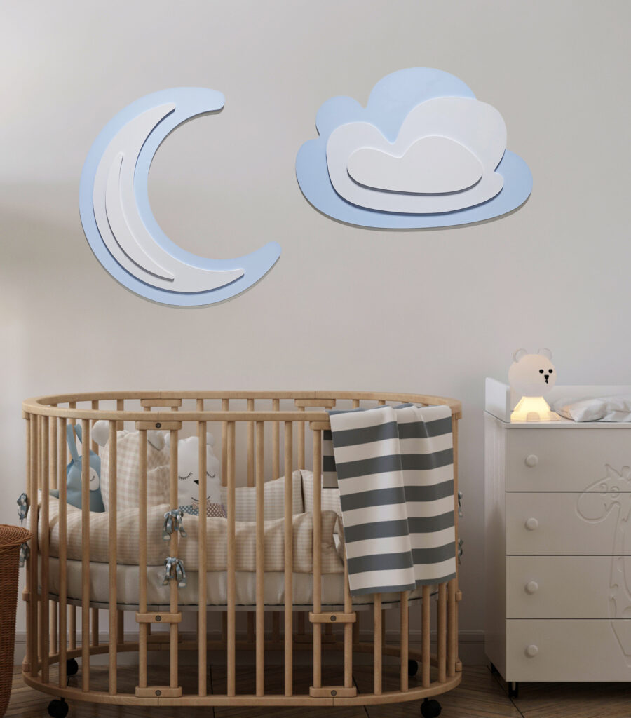 Blue Cloud Wall decor for kids room in a nursery above the vintage wood bed cot