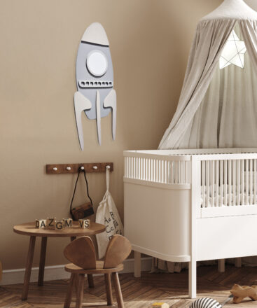 the rocket wall decor for kids room in a nursery