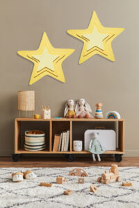 Stylish scandinavian kid room interior with toys, teddy bear