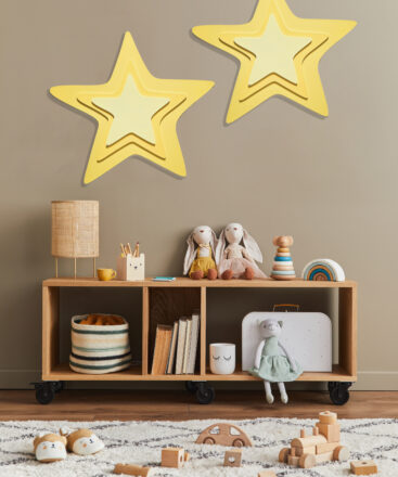 Stylish scandinavian kid room interior with toys, teddy bear