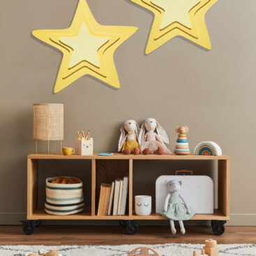 Stylish scandinavian kid room interior with toys, teddy bear