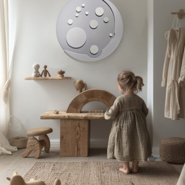Grey Moon wall decor in a neutral and organic kids interior with little girl
