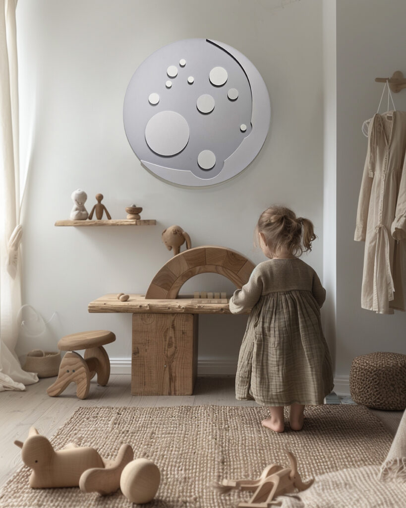 Grey Moon wall decor in a neutral and organic kids interior with little girl