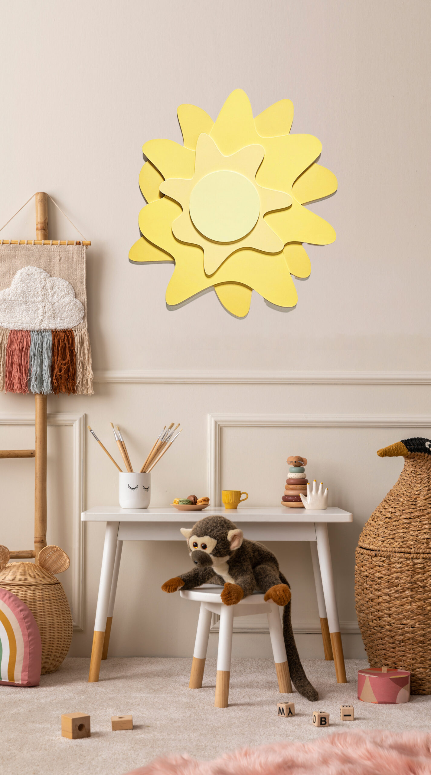 Yellow Star Wall decor in cute and fun kids interior with desk
