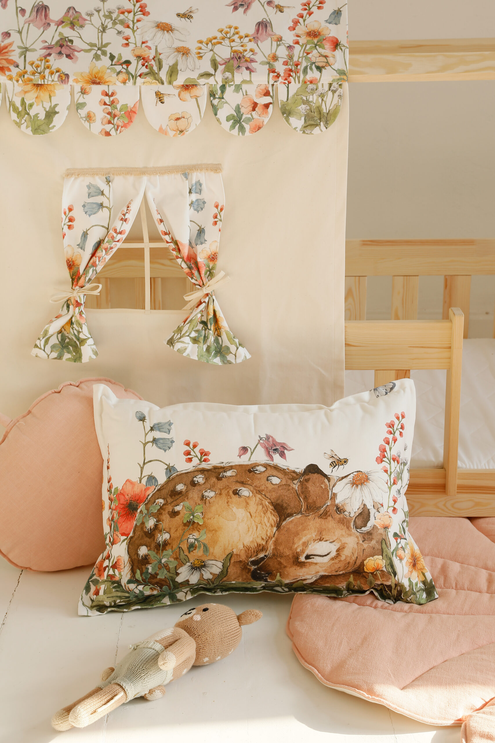 Cute Wildflowers pillow with fawn in a cute kids room with house bed wildflower bed canopy