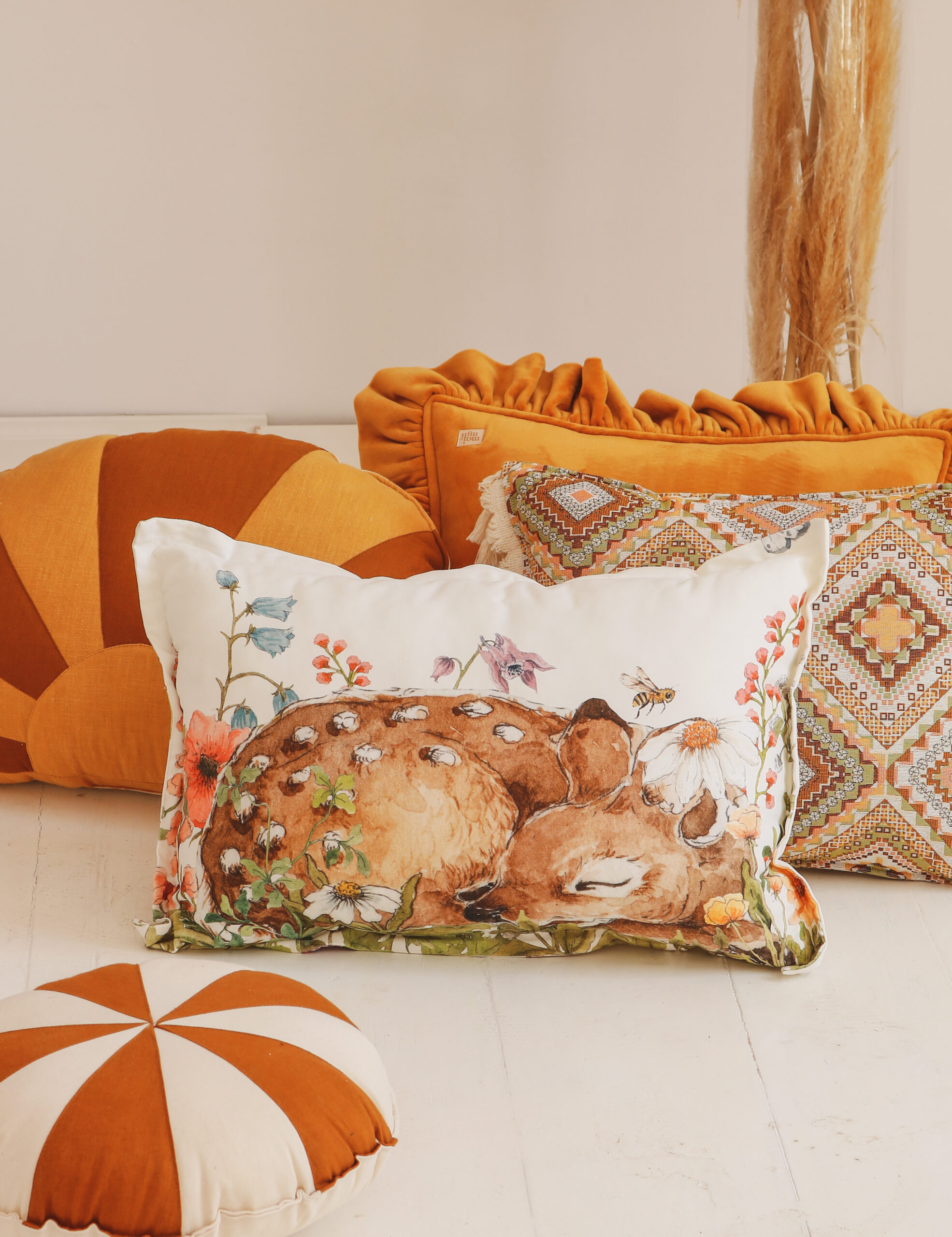 Wildflowers pillow with sleeping fawn soft and sturdy for kids room