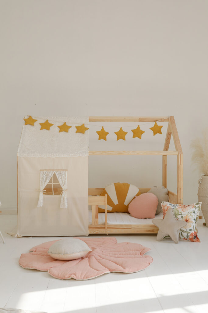 white raw cotton bed canopy with comfortable and solid sun pillow white orange for kids room