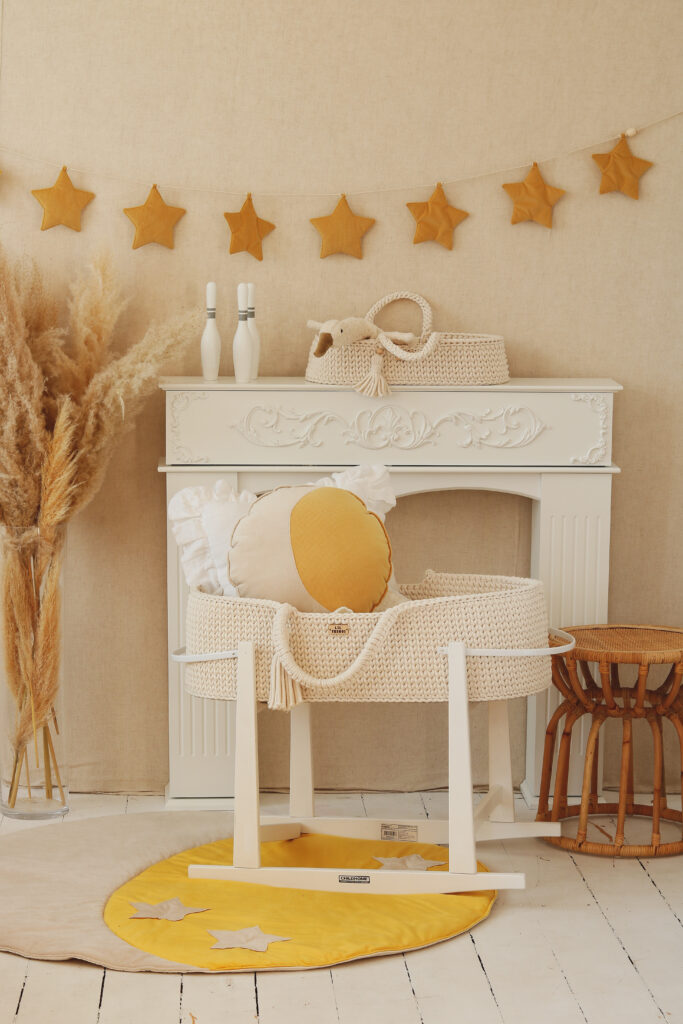 Velvet moon pillow yellow and beige, with blue moon floor mat in a yellow and beige room