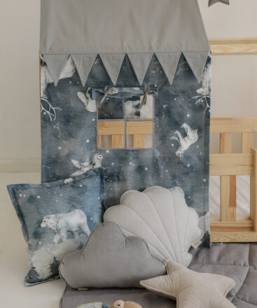 night sky bed house canopy in dark navy with grey cloud pillow and white shell pillow and grey leaf mat