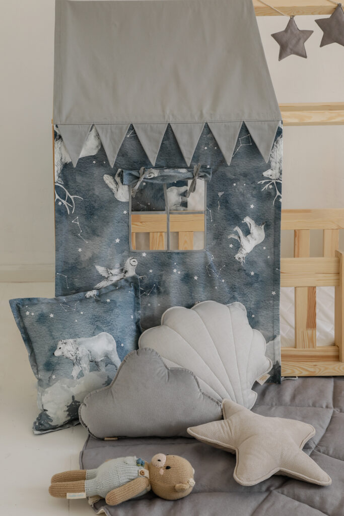 night sky bed house canopy in dark navy with grey cloud pillow and white shell pillow and grey leaf mat