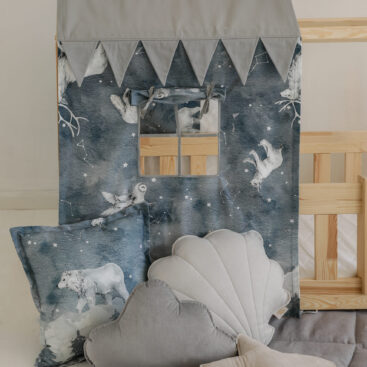 night sky bed house canopy in dark navy with grey cloud pillow and white shell pillow and grey leaf mat