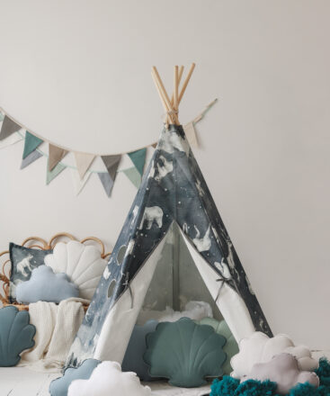 night sky teepee tent in dark navy with grey cloud pillow and white shell pillow and grey leaf mat