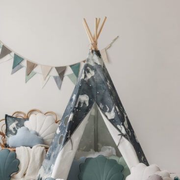 night sky teepee tent in dark navy with grey cloud pillow and white shell pillow and grey leaf mat