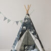night sky teepee tent in dark navy with grey cloud pillow and white shell pillow and grey leaf mat