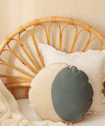 Velvet moon pillow blue and beige, solid and beautiful kids room decor in wicker bed