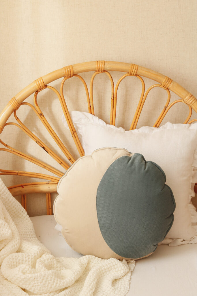 Velvet moon pillow blue and beige, solid and beautiful kids room decor in wicker bed