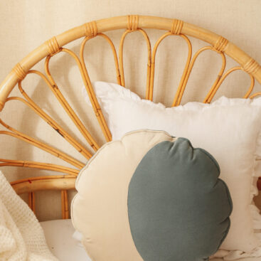 Velvet moon pillow blue and beige, solid and beautiful kids room decor in wicker bed