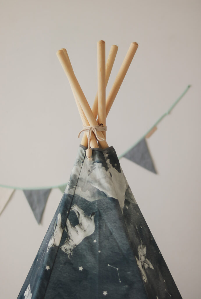 night sky teepee tent for kids - navy blue and grey with sturdy wooden polls