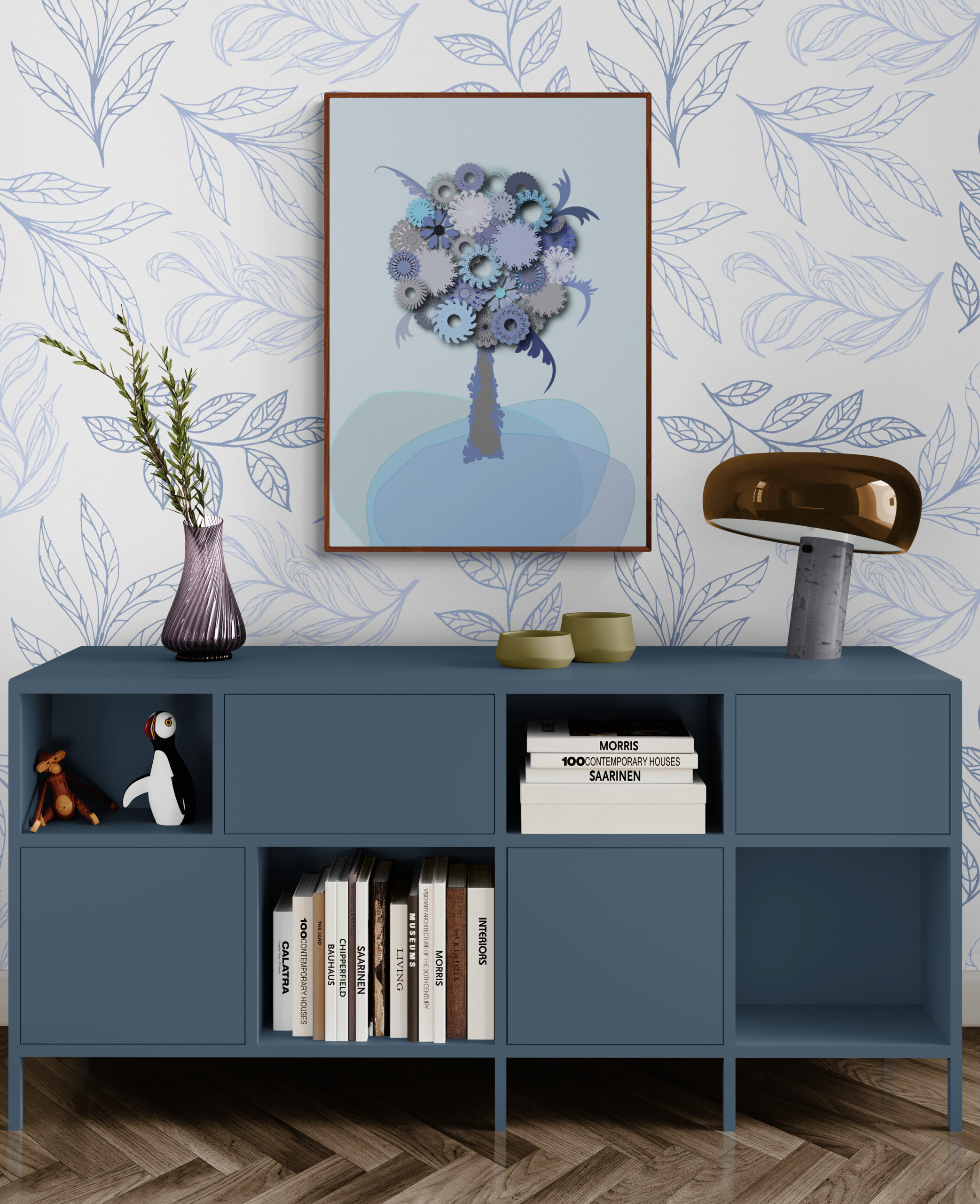blue round tree wall art above the mid century cabinet