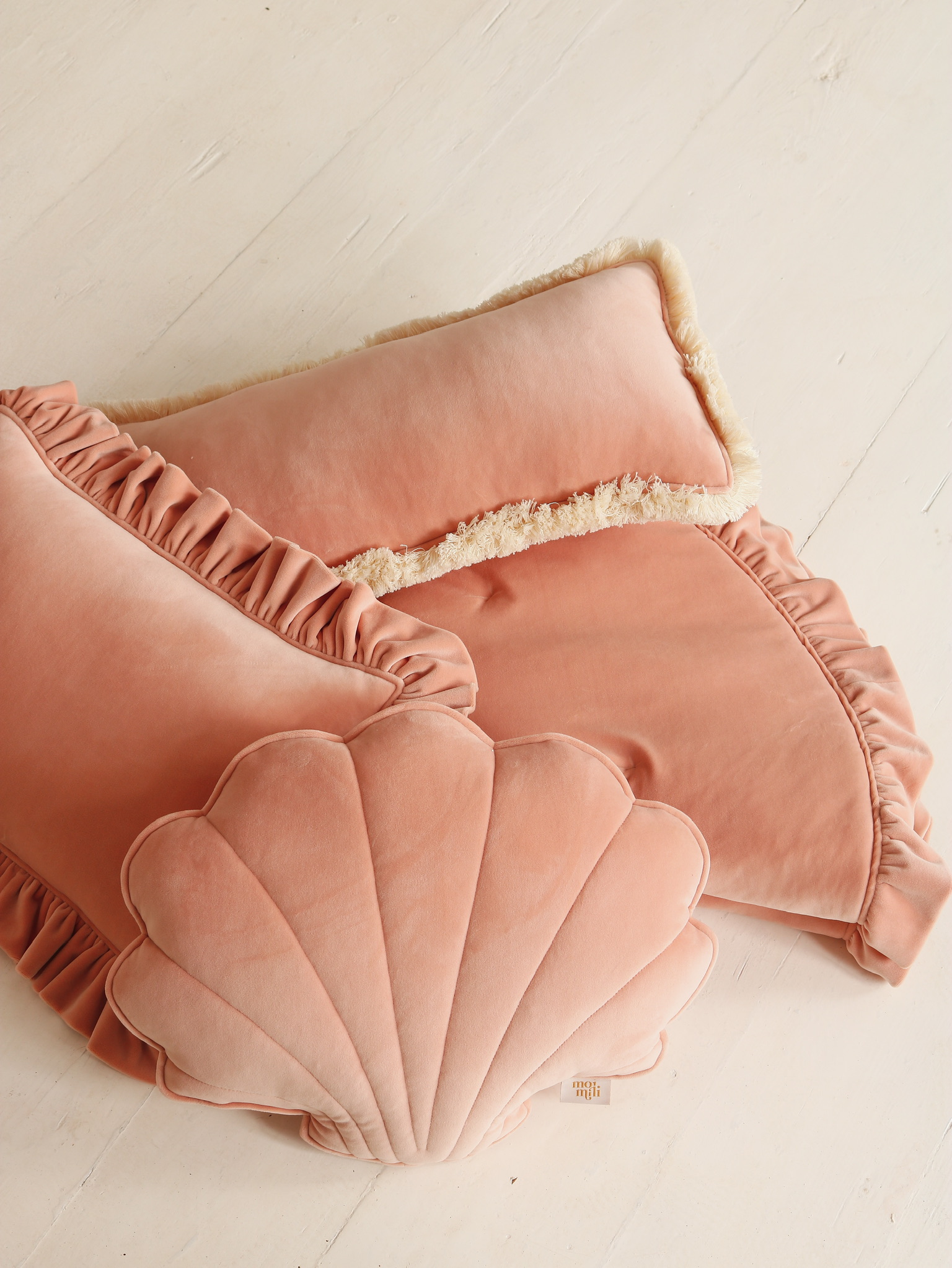 collection of velvet Apriot pillows - shell, with frills, square