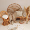 Velvet Pillow with Frills – White in neutral, beige space with wicker furniture