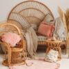 Velvet Pillow with Frills – April in beige space with wicker furniture