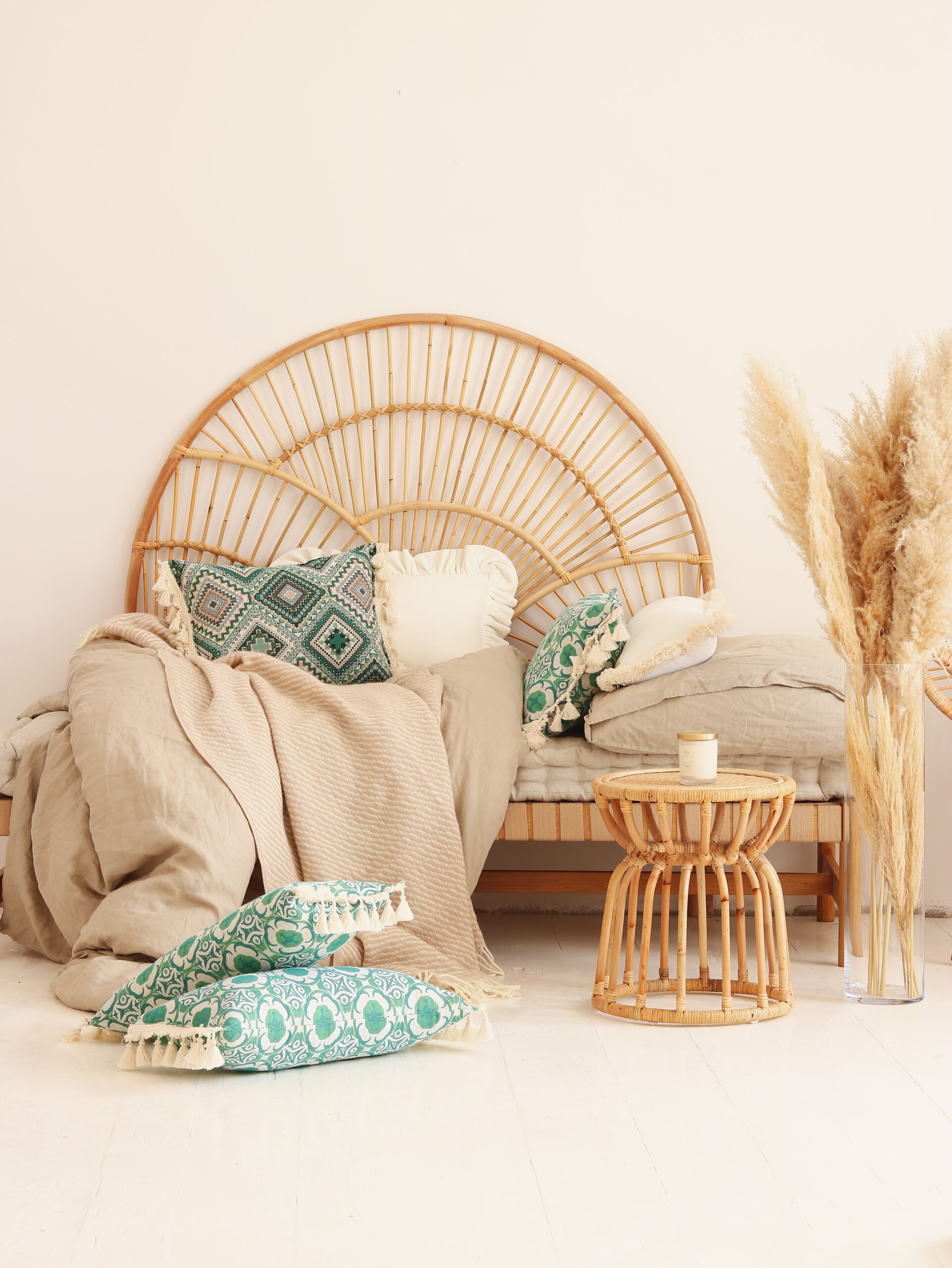 Velvet Pillow with Frills – White in neutral, beige space with mint accents and wicker furniture