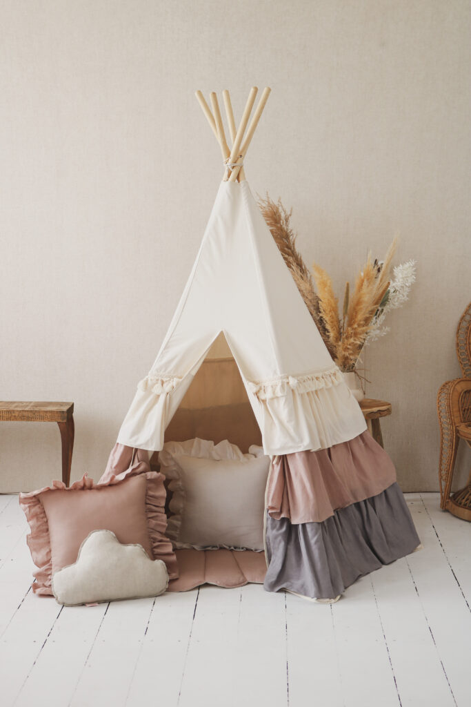 Powder Frills Teepee Tent for girls room with frilled pillows