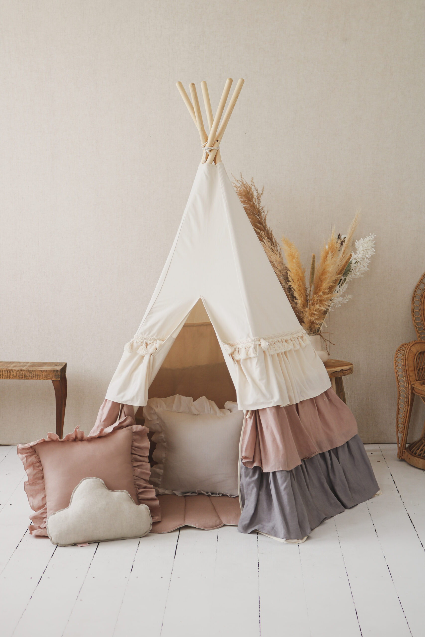 Powder Frills Teepee Tent for girls room with frilled pillows