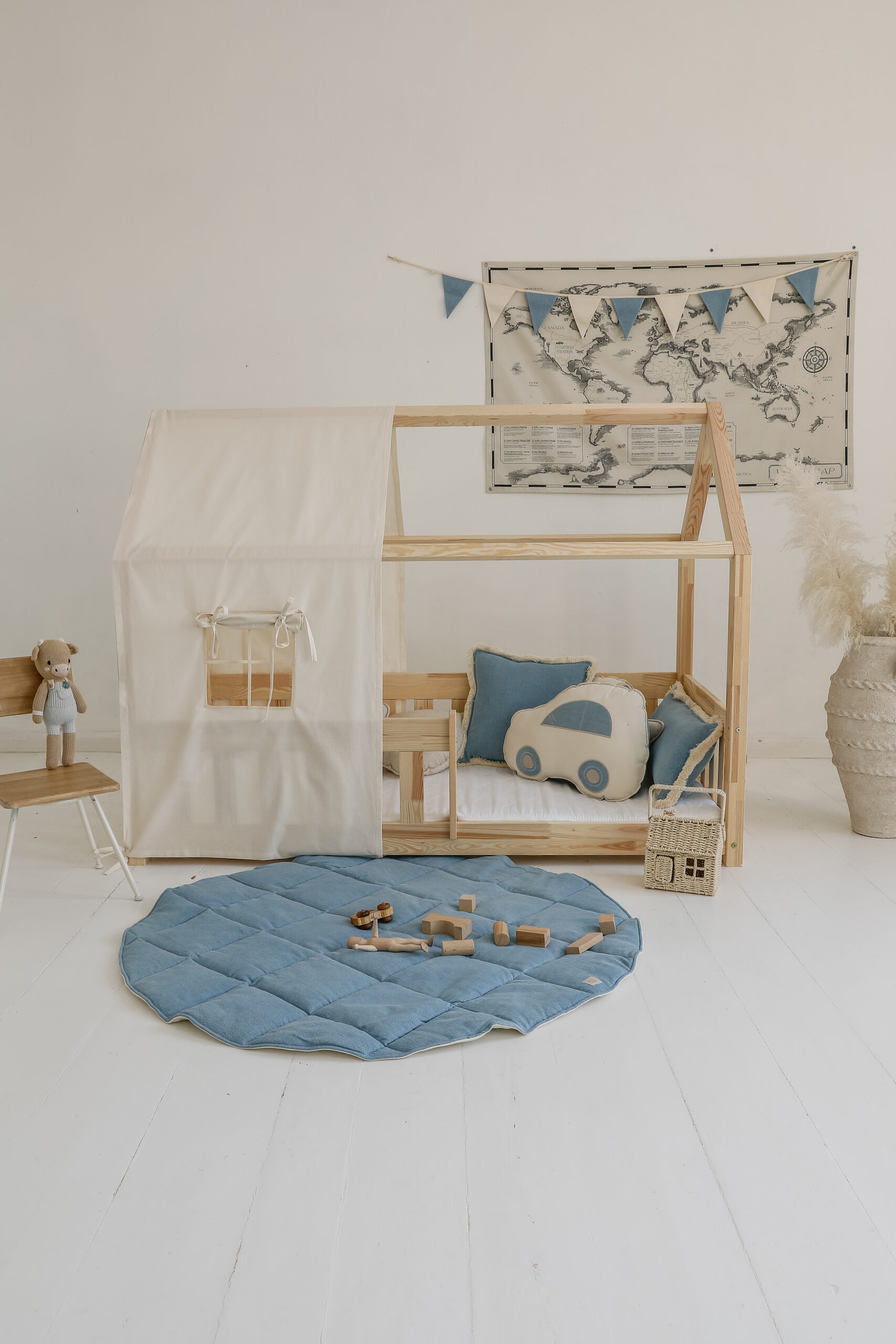 raw cotton bed canopy over house bed with jeans denim blue styling