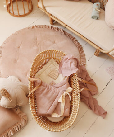 soft velvet round mat with frills latte light brown colour with moses basket