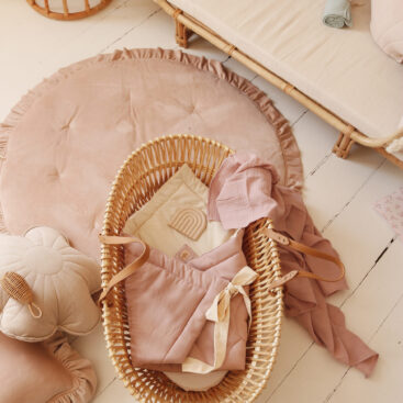 soft velvet round mat with frills latte light brown colour with moses basket