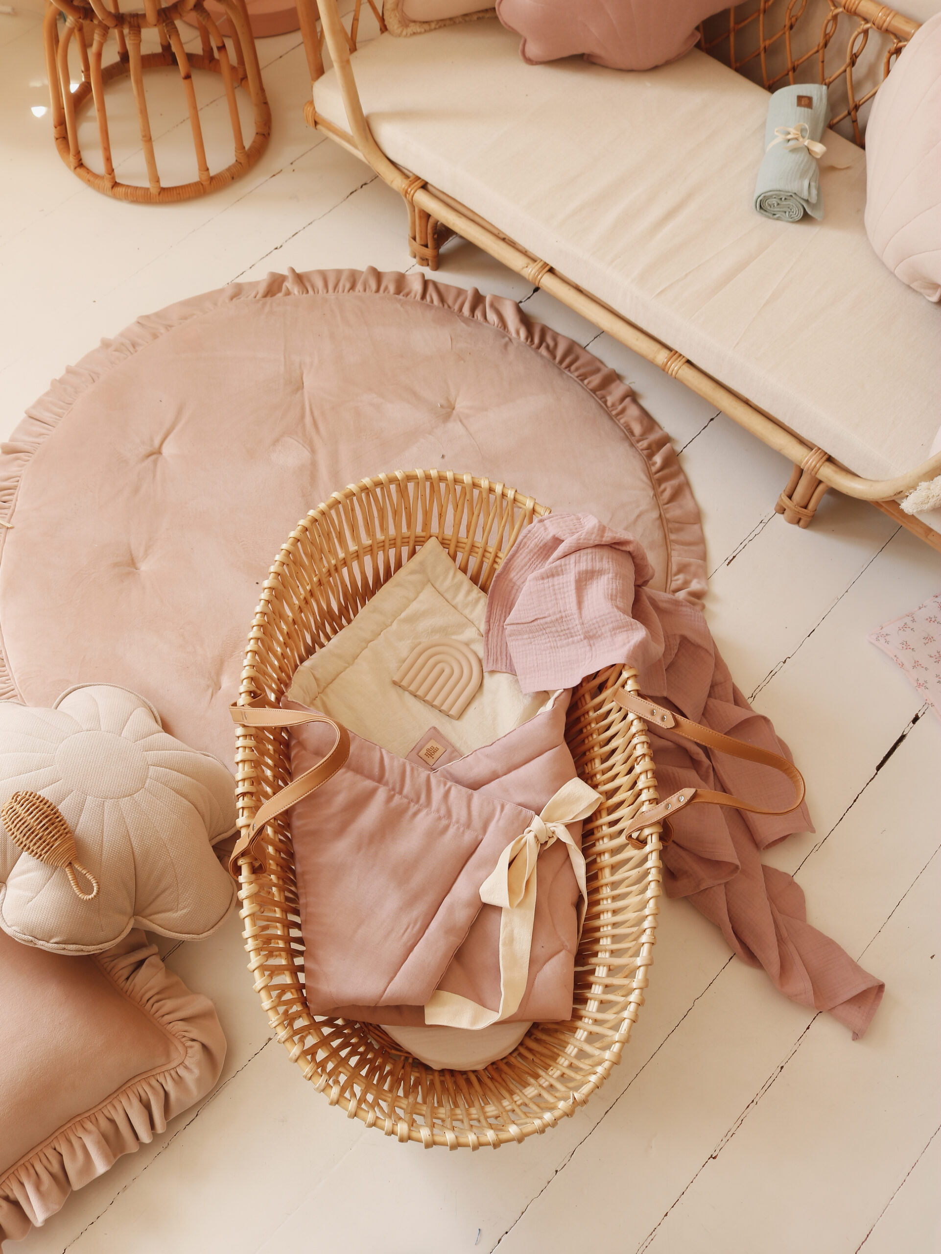 soft velvet round mat with frills latte light brown colour with moses basket