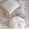 soft velvet round mat with frills latte with latte square pillow with frills and round beige pillow