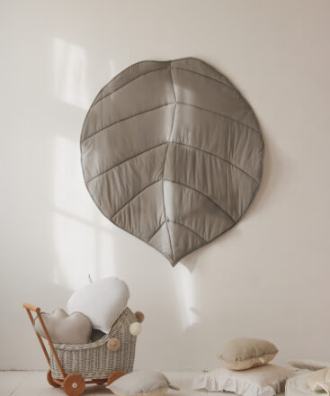 linen grey leaf mat - big padded, soft and comfy playmat for kids and home interior