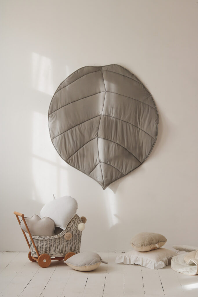 linen grey leaf mat - big padded, soft and comfy playmat for kids and home interior