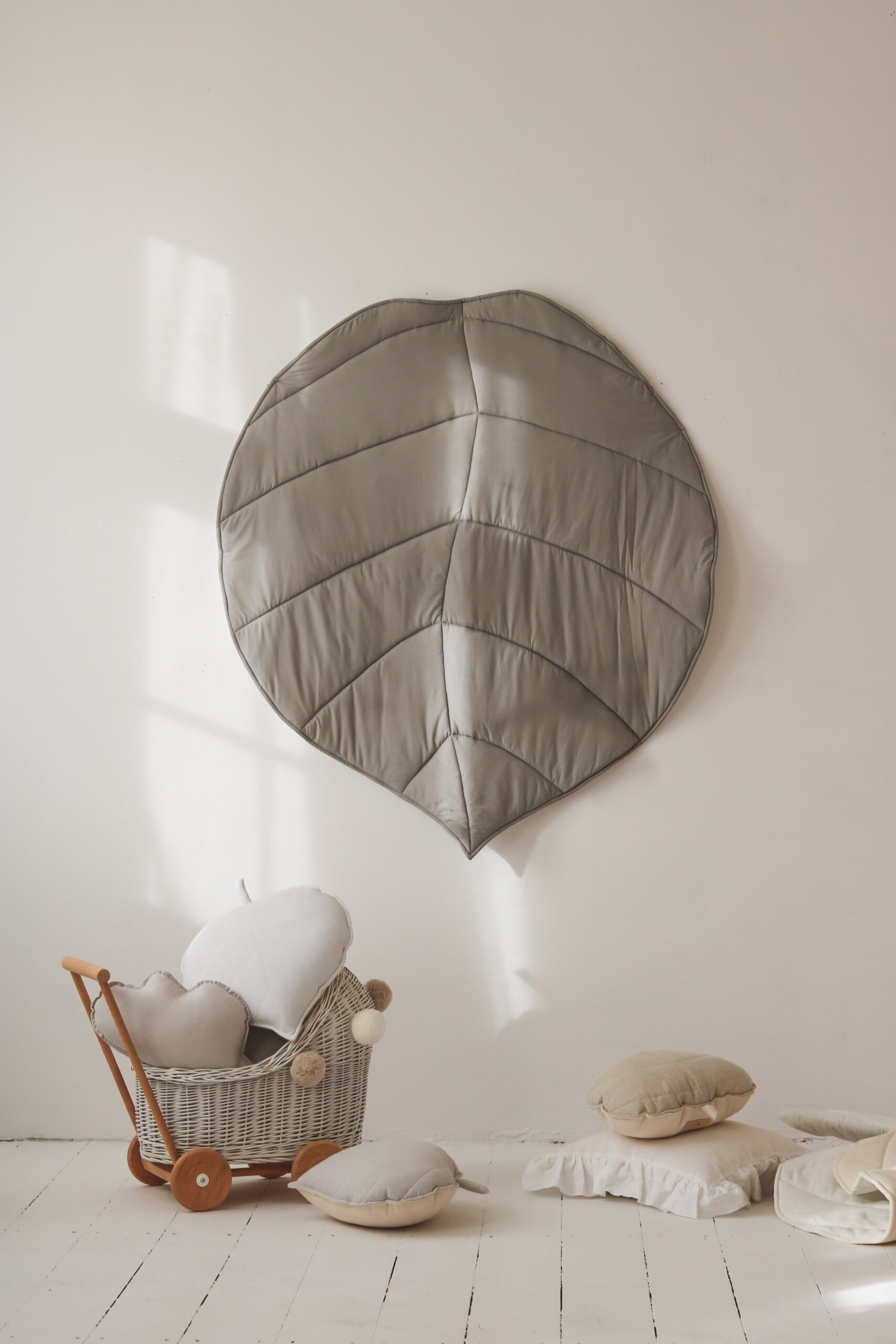 linen grey leaf mat - big padded, soft and comfy playmat for kids and home interior