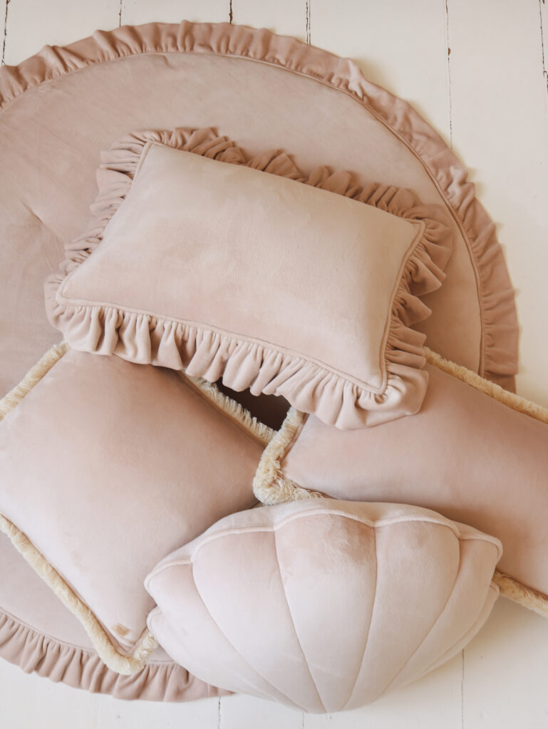 Velvet Pillow with Frills – Light Brown
