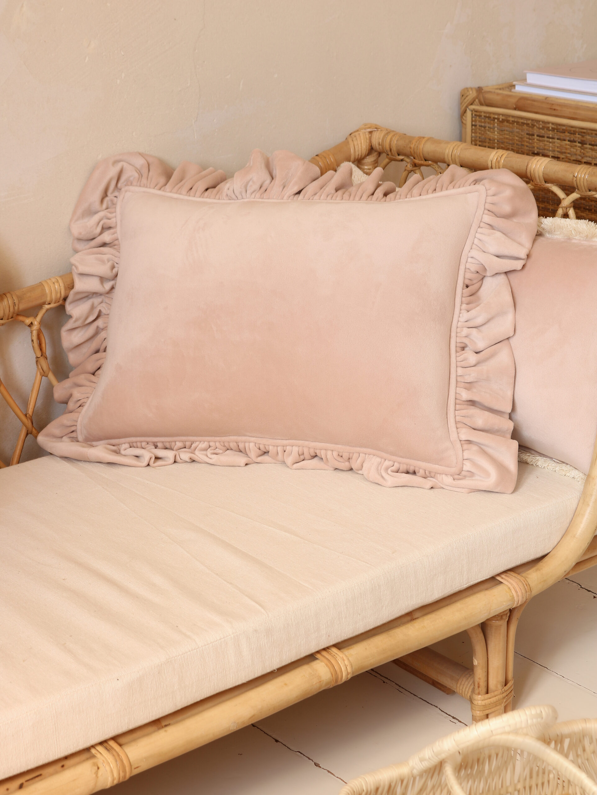 Velvet Pillow with Frills – Light Brown