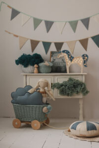 garland - blue and grey and pillows