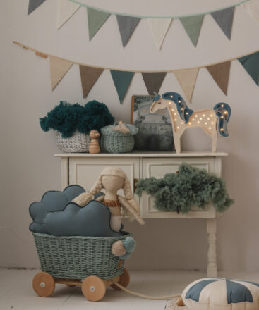 garland - blue and grey and pillows