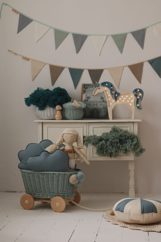 garland - blue and grey and pillows