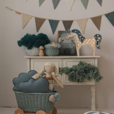 garland - blue and grey and pillows