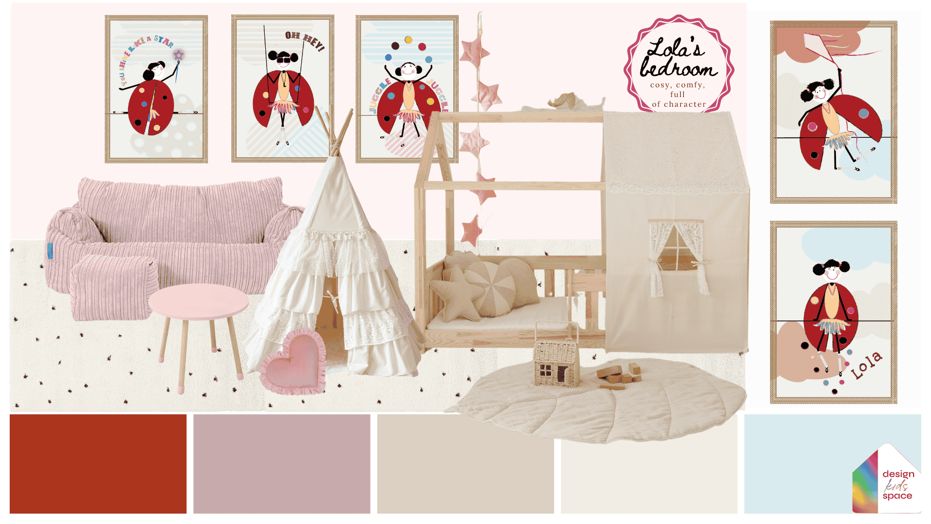 lola's bedroom - pink, room concept for girls, inspirational moodboard, colour palette